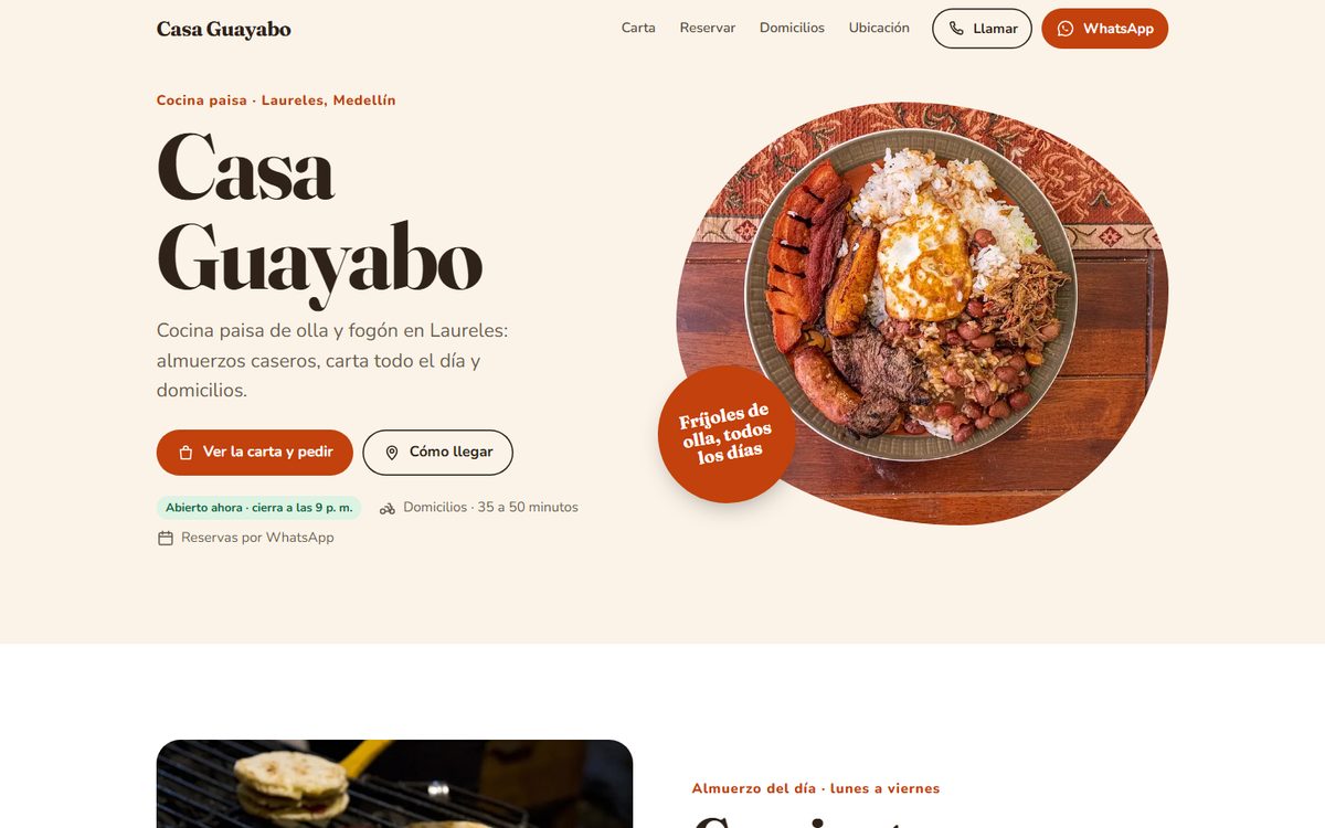 Portada de la página de ejemplo de un restaurante, hecha por Maverick Labs
